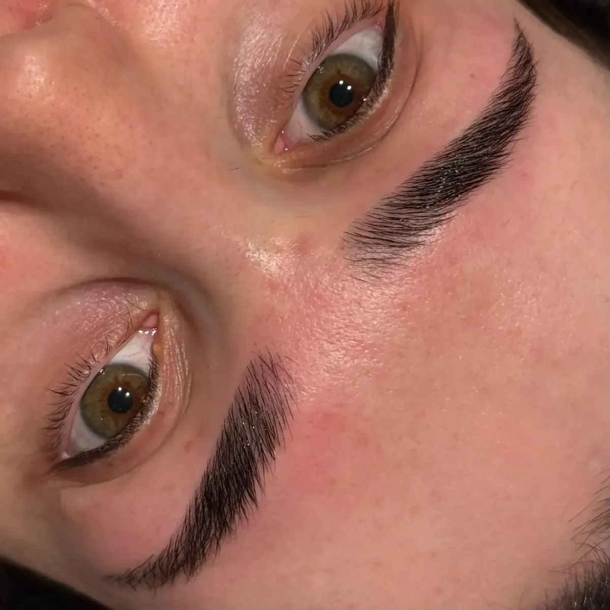 Close-up of laminated brows by Freda O'Reilly, Camden London